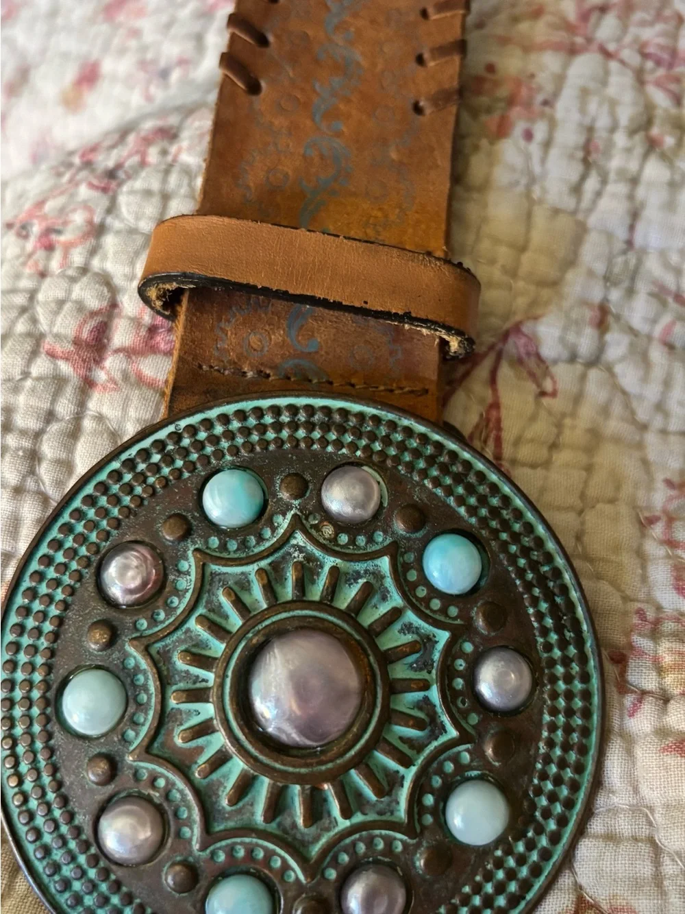 Streets Ahead Women’s Leather Belt Turquoise Concho Buckle Western Made USA
